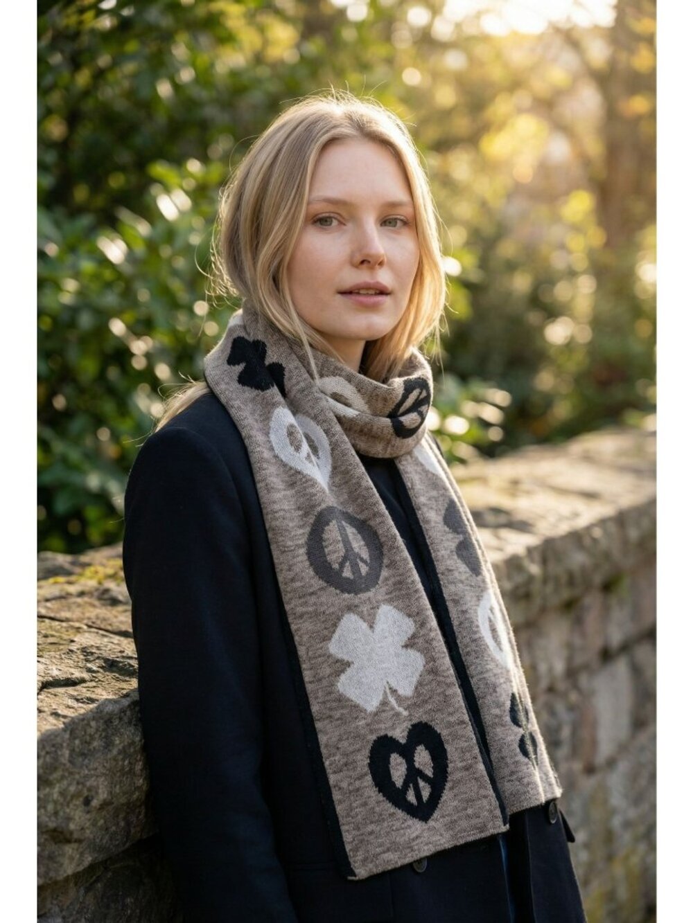 Lucky Brand Knit Scarf With Peace & Clover Symbols In Gray & Black